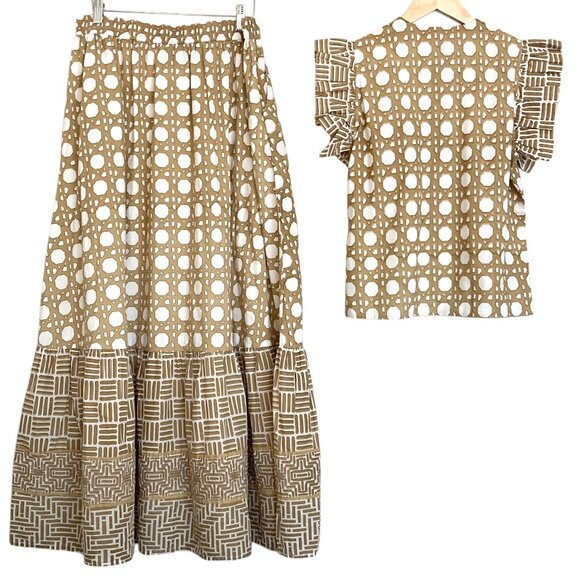 SUE SARTOR Fairfield Basketweave Top & Midi Skirt SET Caning Collection Tan - Picture 10 of 13